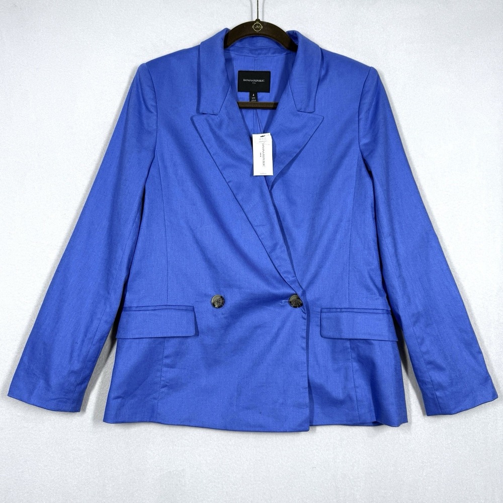 Banana Republic Blazer Womens 4 Linen‎ Blend Boyfriend Double Breasted Blue NWT